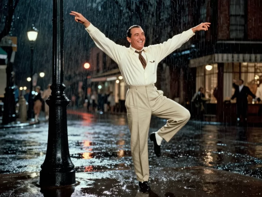 Gene Kelly dancing in rain with lamppost in iconic scene