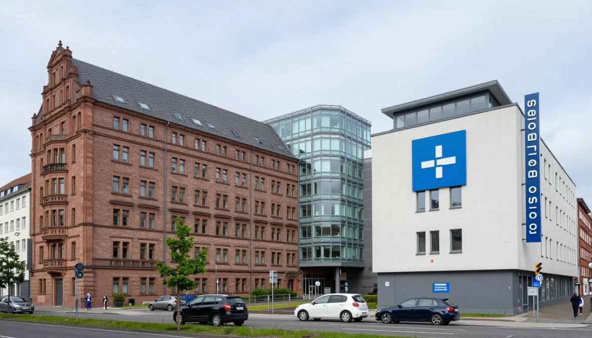 German hospital complex with traditional and modern architecture