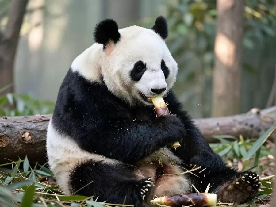 Giant panda eating bamboo in a lush green forest habitat