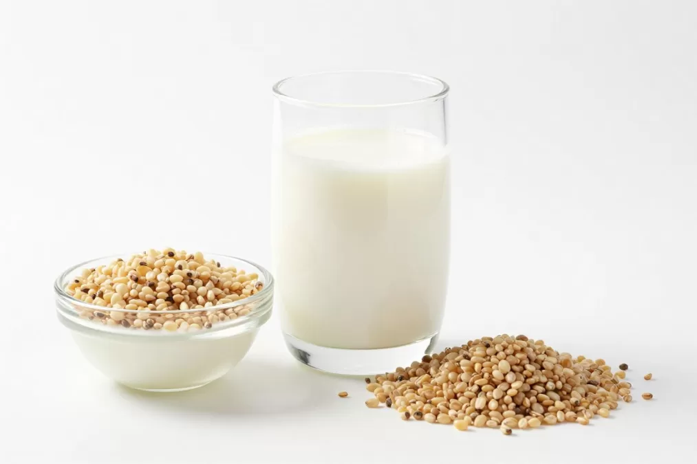 Glass of white kefir drink with kefir grains in a small bowl beside it