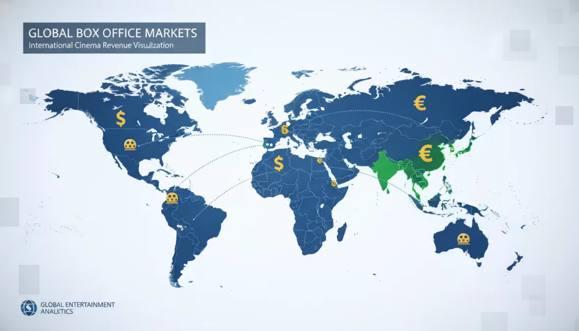 Global map showing international box office markets and Hollywood influence worldwide