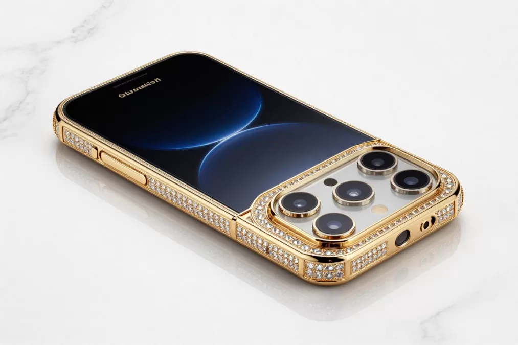 Goldvish Revolution luxury smartphone with gold case and diamond embellishments displayed on premium surface