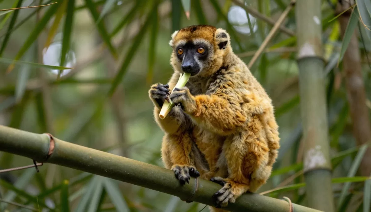 Greater bamboo lemur feeding on bamboo in Madagascar rainforest showing endangered primate