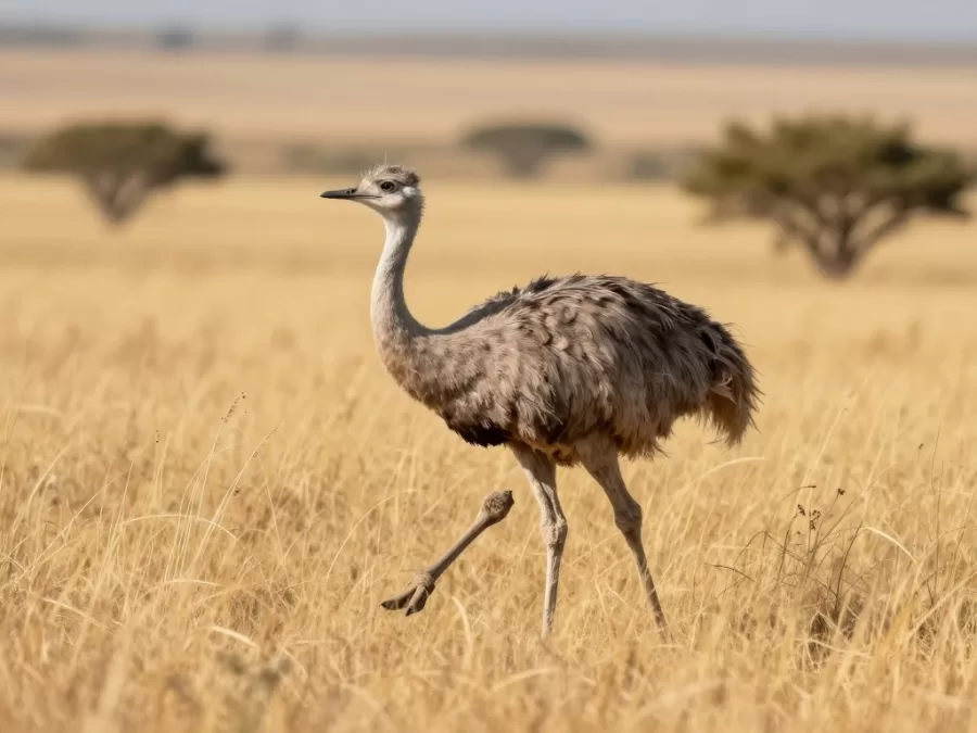 Greater rhea running through South American pampas grasslands as one of the largest birds of the continent