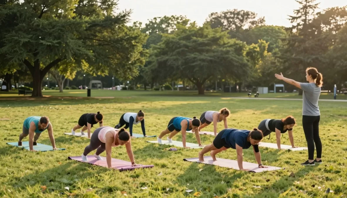 Group fitness class training outdoors in natural park setting