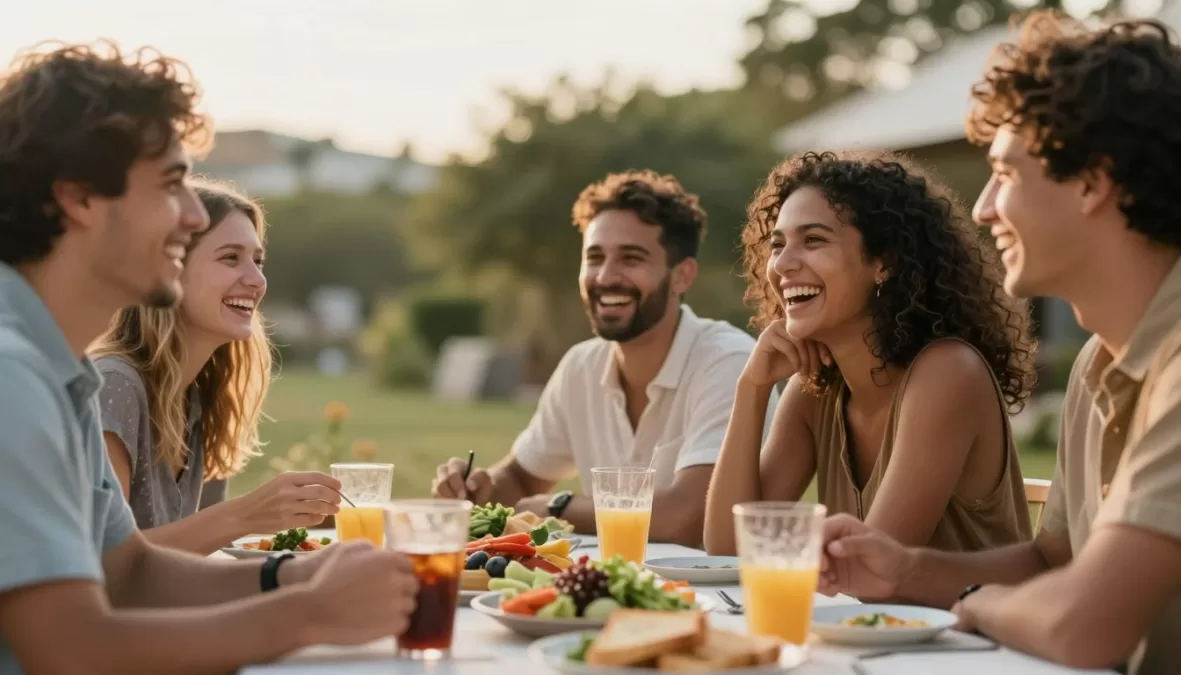 Group of friends enjoying time together outdoors showing healthy social connections