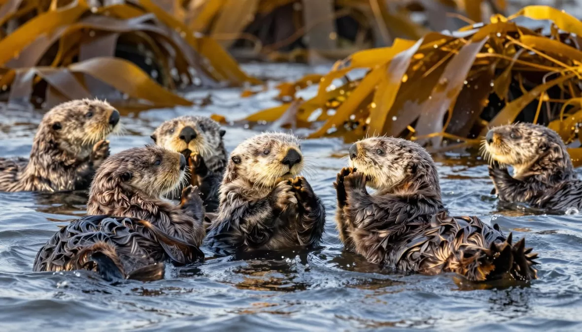 Group of sea otters grooming and playing in coastal waters
