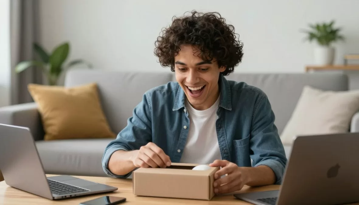Happy customer unboxing new tech product at home