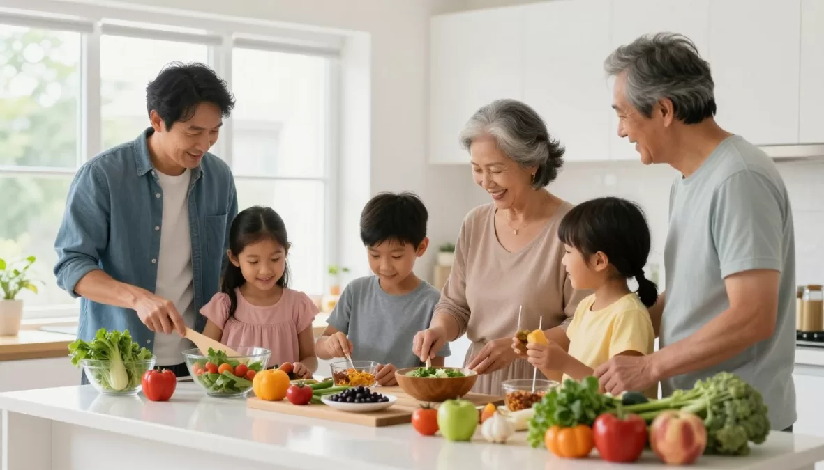 Happy family preparing superfood meal together in bright modern kitchen