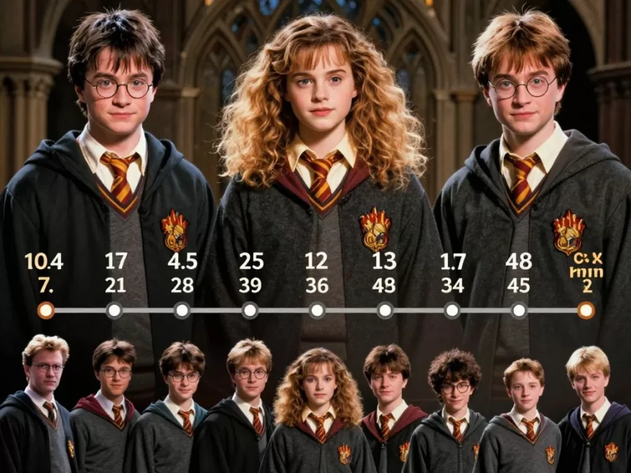 Harry Potter character evolution showing main trio growing across films
