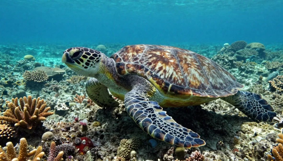 Hawksbill sea turtle swimming over coral reef showing distinctive shell pattern