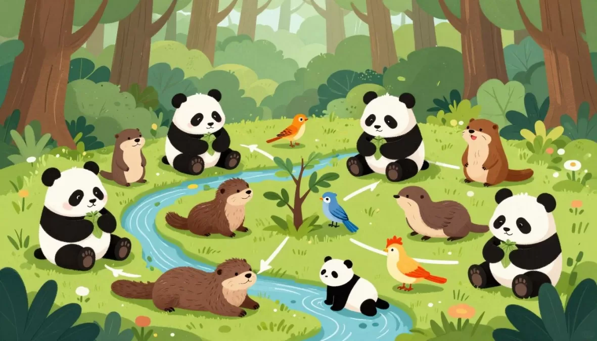 Healthy ecosystem showing various cute animals in their habitat
