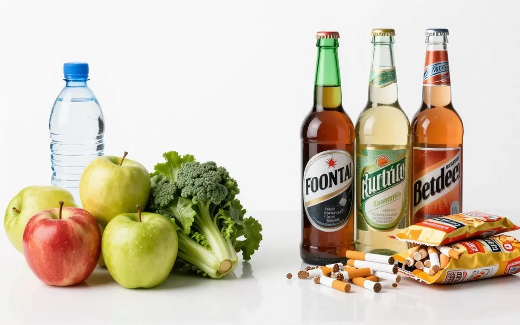 Healthy lifestyle choices showing water and fresh foods instead of alcohol and processed items