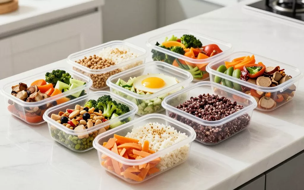 Healthy meal prep containers with balanced macronutrients for fitness goals