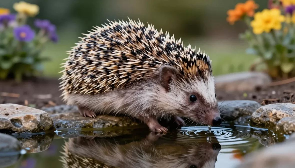 Hedgehog drinking water from a small garden pond