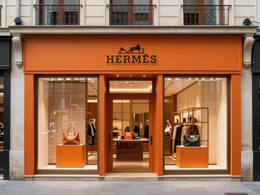 Hermès boutique storefront with elegant orange branding and luxury display