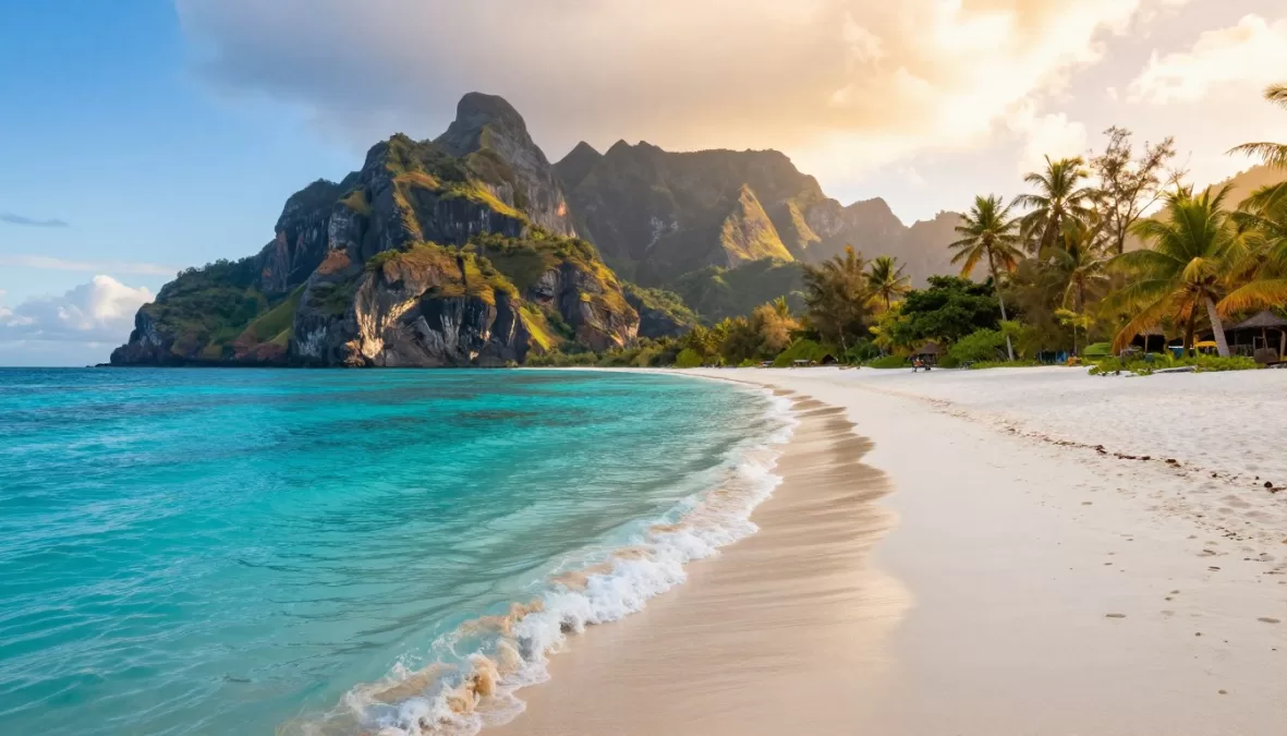 Hidden travel destinations showing pristine beach with mountains