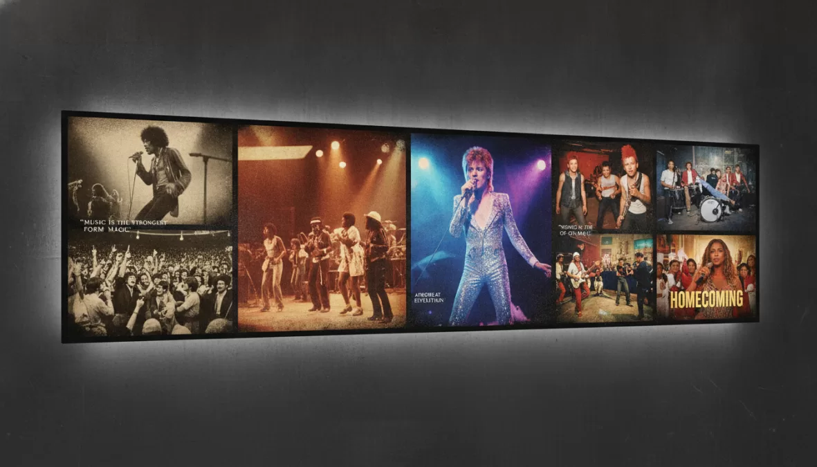 Historical montage showing cultural impact of musicians across decades