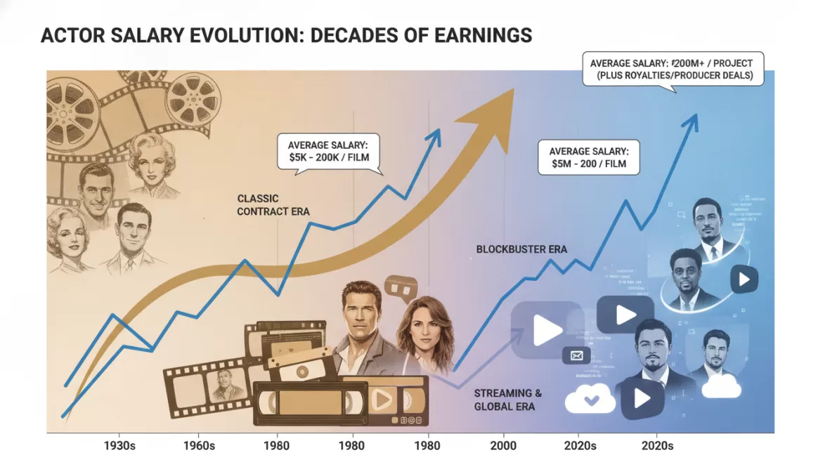 Historical timeline showing evolution of Hollywood actor salaries from golden age to streaming era