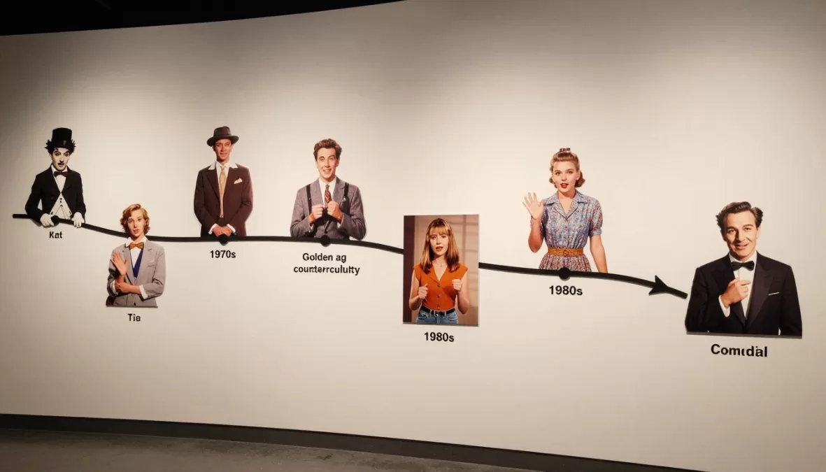 Historical timeline showing evolution of comedy from silent films to modern era
