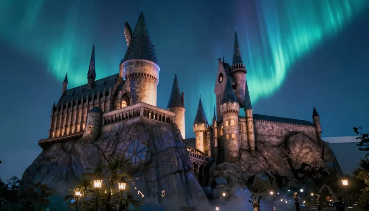 Hogwarts Castle illuminated at night with magical aurora in sky