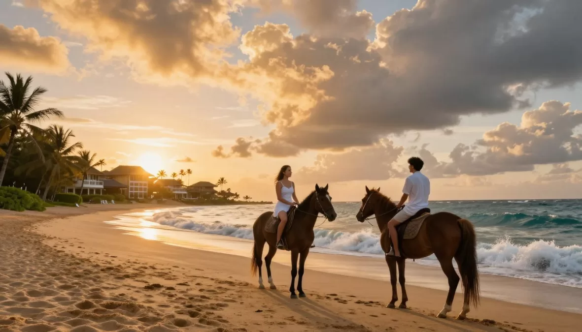 Horseback riding on pristine beach at Nihi Sumba Island at sunset