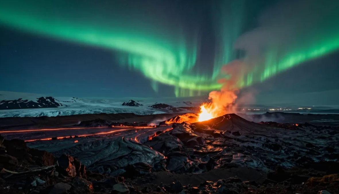 Iceland landscape with volcano and northern lights