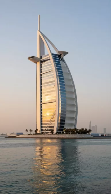 Iconic Burj Al Arab sail-shaped hotel on Dubai coastline at sunset