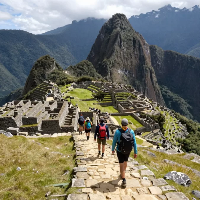 Inca Trail mountain path with hikers