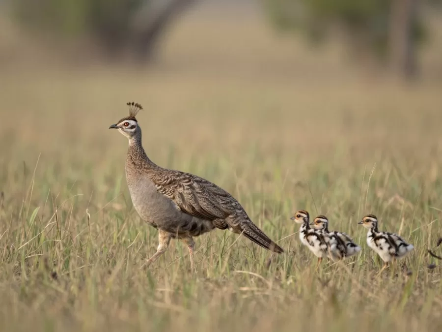 Indian peahen showing brown camouflage plumage with chicks