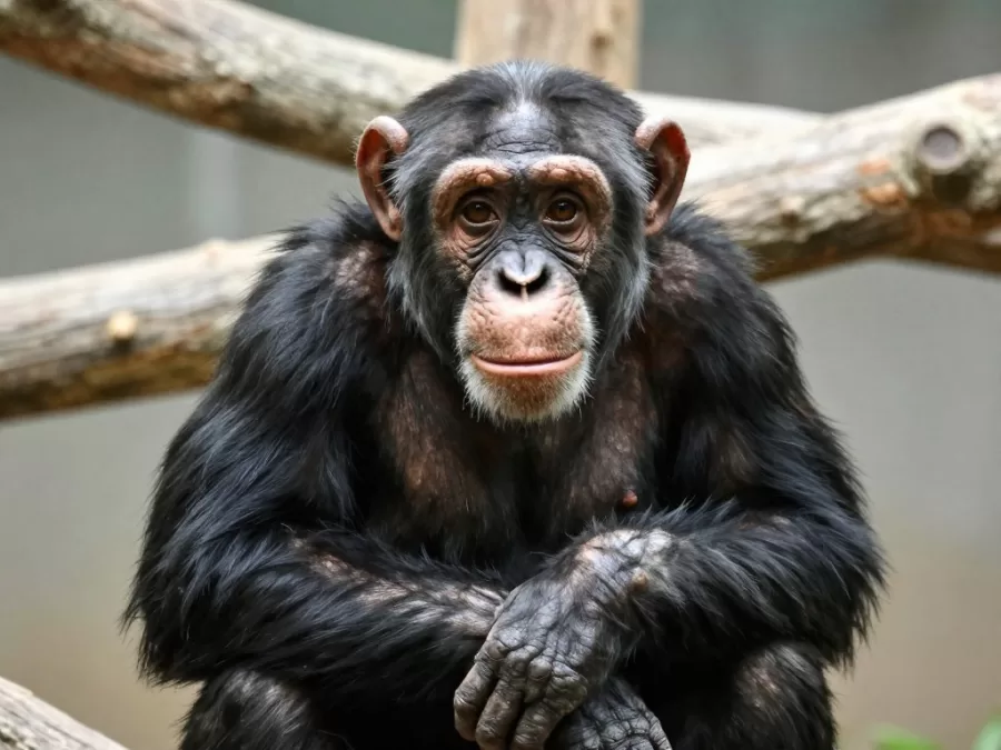 Intelligent chimpanzee with expressive eyes in natural habitat setting