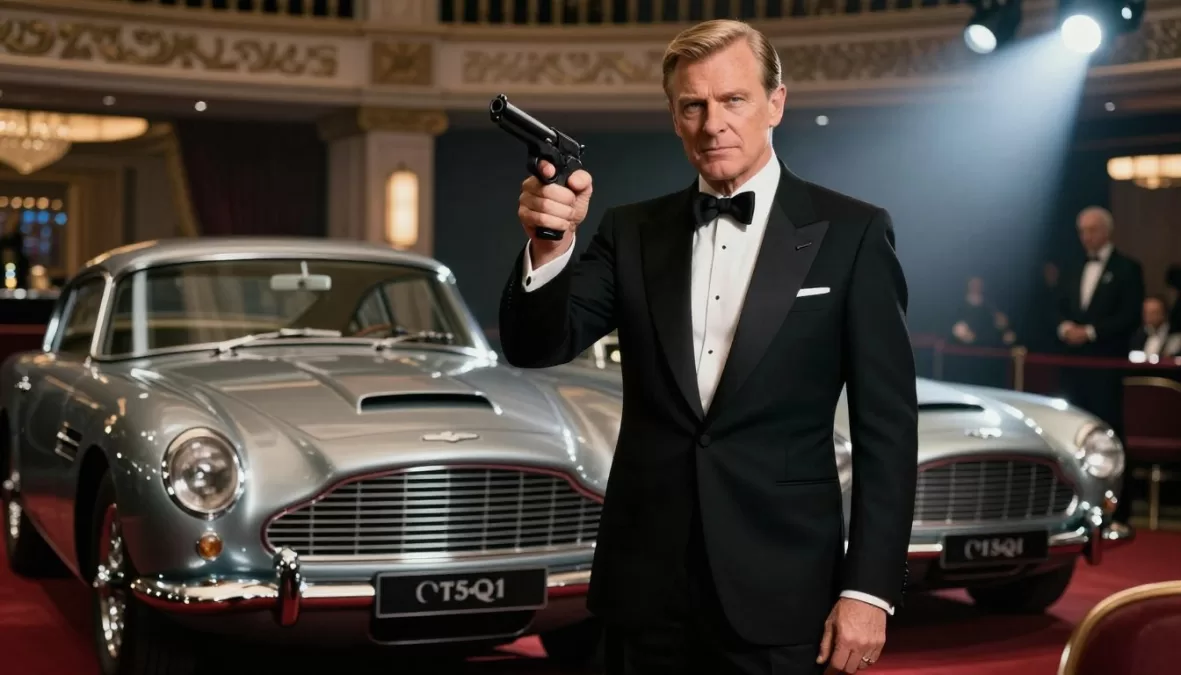 James Bond in classic tuxedo with iconic pose and Aston Martin
