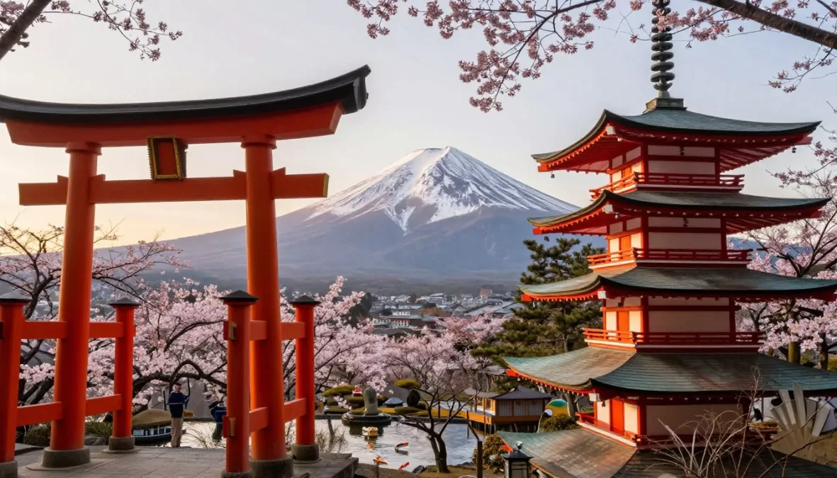 Japan traditional temple with Mount Fuji and cherry blossoms representing top travel destination
