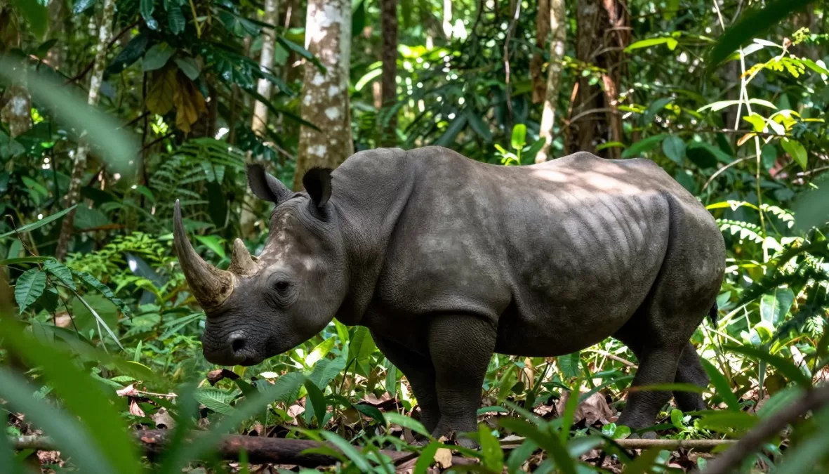 Javan rhino in dense tropical forest showing single horn characteristic of rarest rhino species