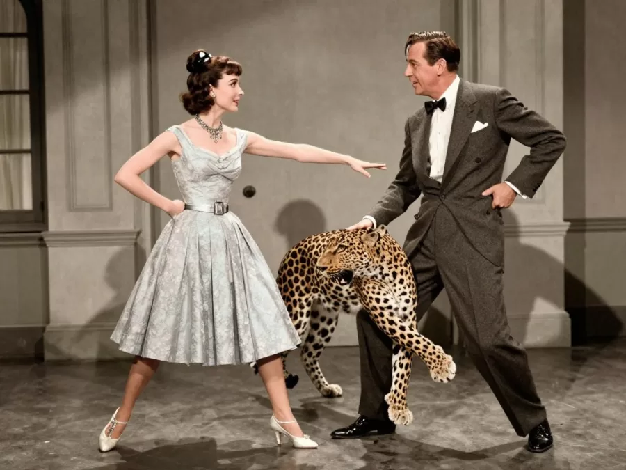 Katharine Hepburn with leopard and Cary Grant in chaotic scene