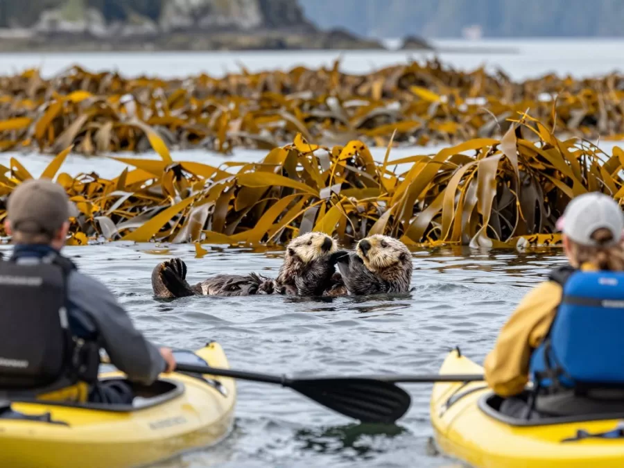 Kayakers observing sea otters in coastal kelp forest