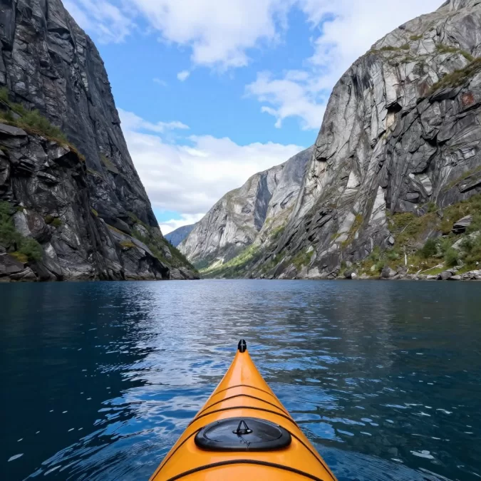 Kayaking in Norwegian fjord with mountains