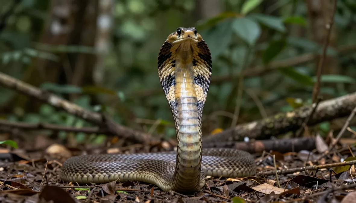 King cobra with hood spread in Southeast Asian jungle