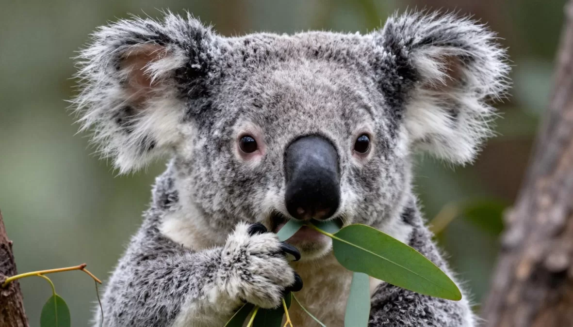 Koala eating fresh eucalyptus leaves close-up