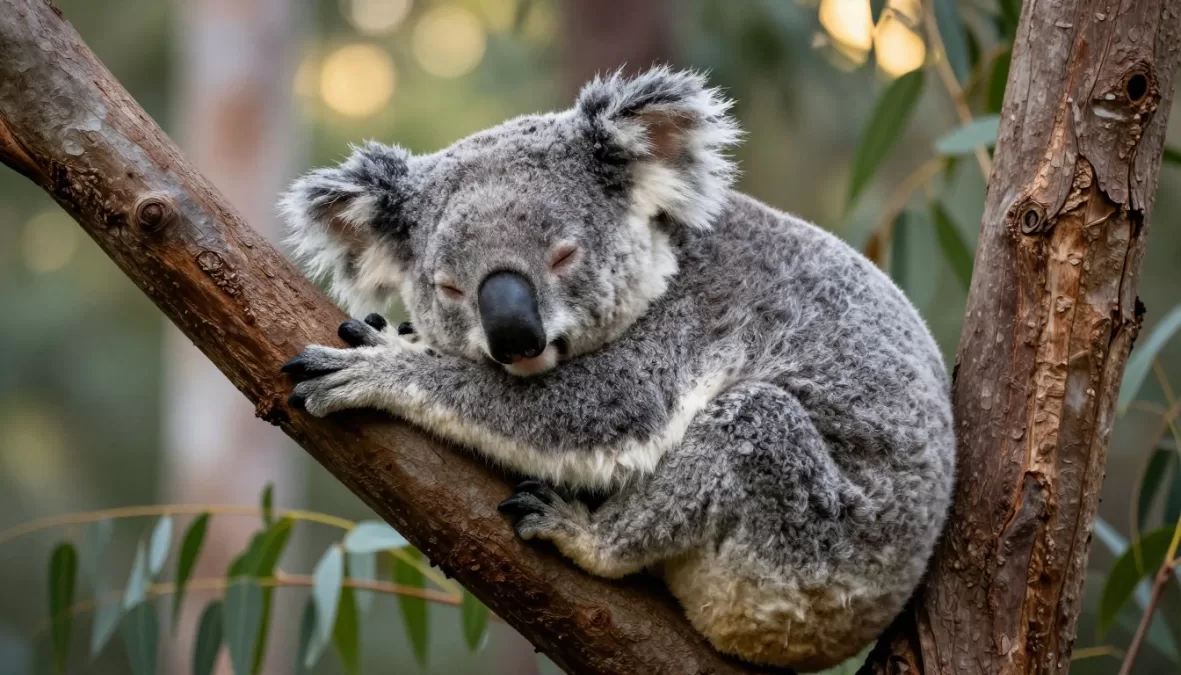 Koala sleeping in eucalyptus tree in Australian forest