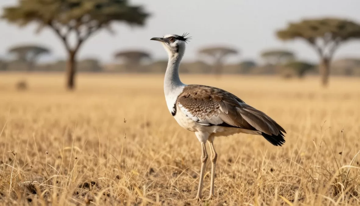 Kori bustard in African grassland habitat representing heaviest flying bird species among biggest birds