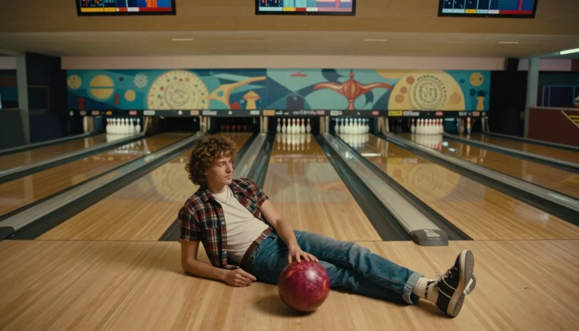 Laid-back character in bowling alley with surreal dream sequence aesthetic