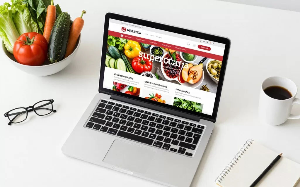 Laptop displaying healthy meal planning newsletter with colorful superfood recipes