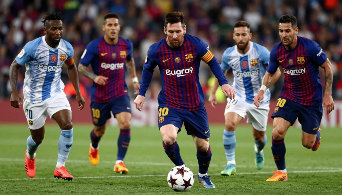 Lionel Messi dribbling through multiple defenders