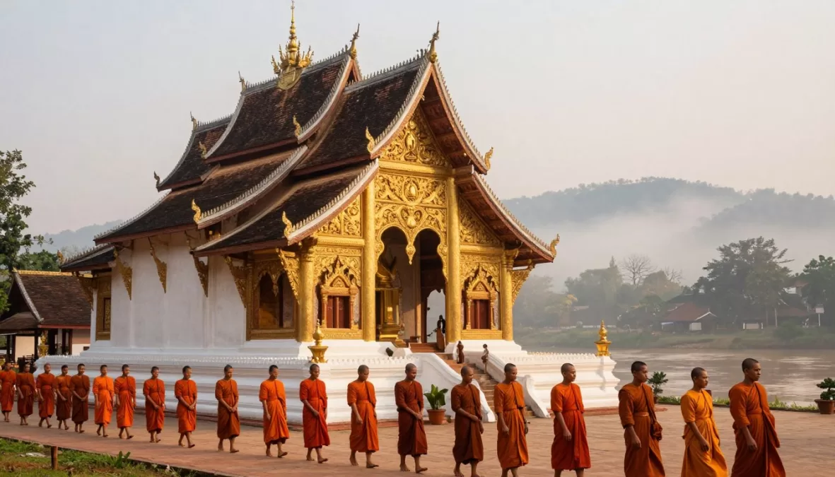 Luang Prabang Buddhist temples and monks at sunrise