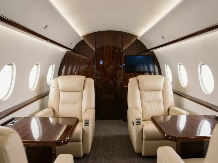 Luxurious private jet cabin interior with leather seating