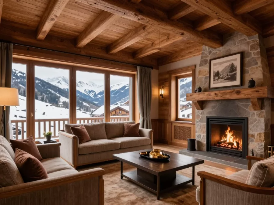 Luxury alpine suite at Badrutt's Palace with mountain views and traditional Swiss design