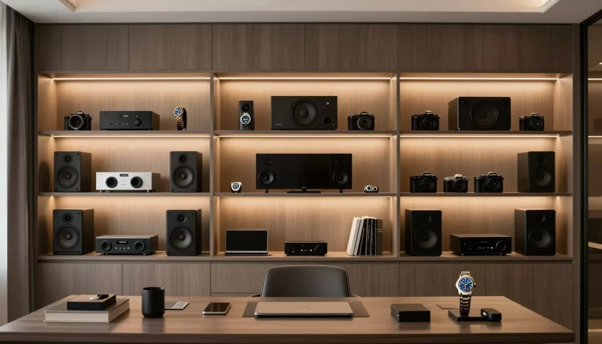 Luxury gadget collection displayed in sophisticated home office environment