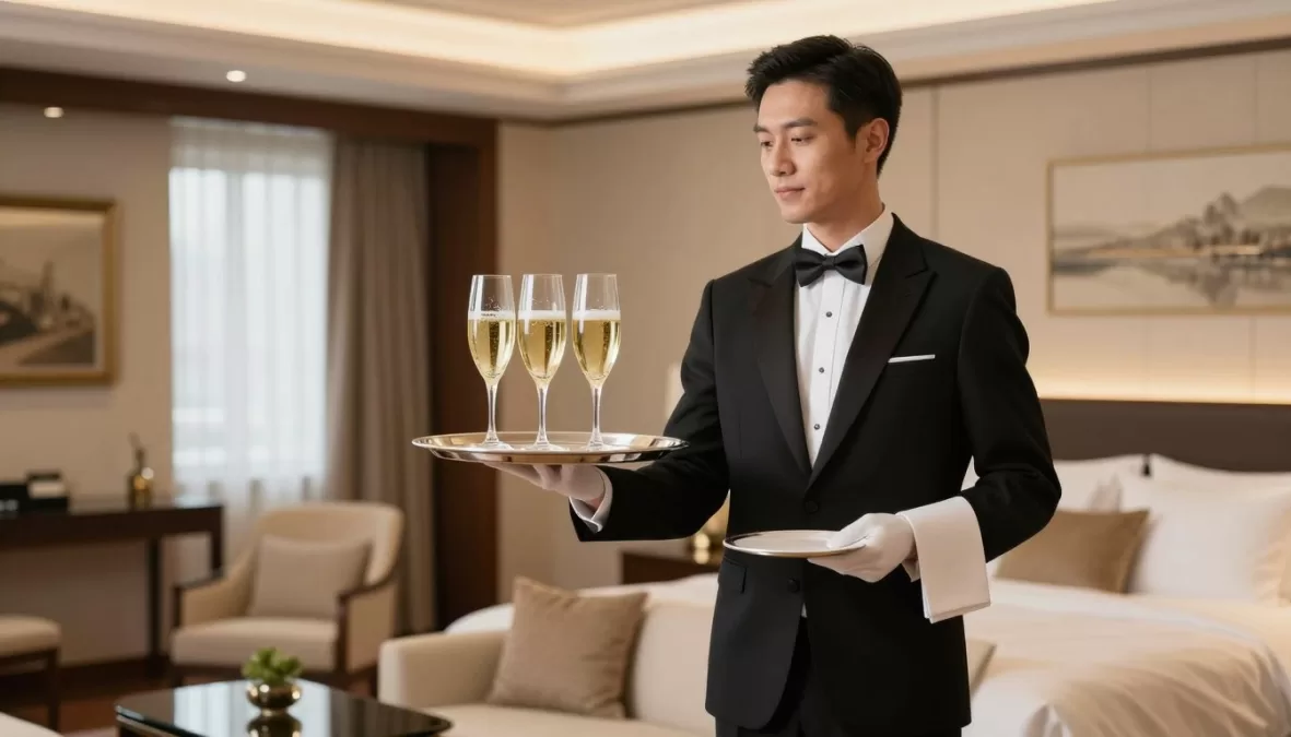 Luxury hotel butler service delivering champagne and amenities to suite