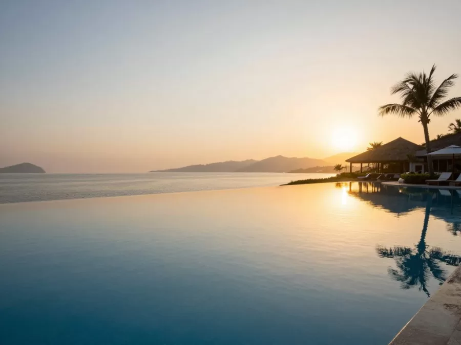 Luxury hotel infinity pool at sunrise with perfect lighting and solitude